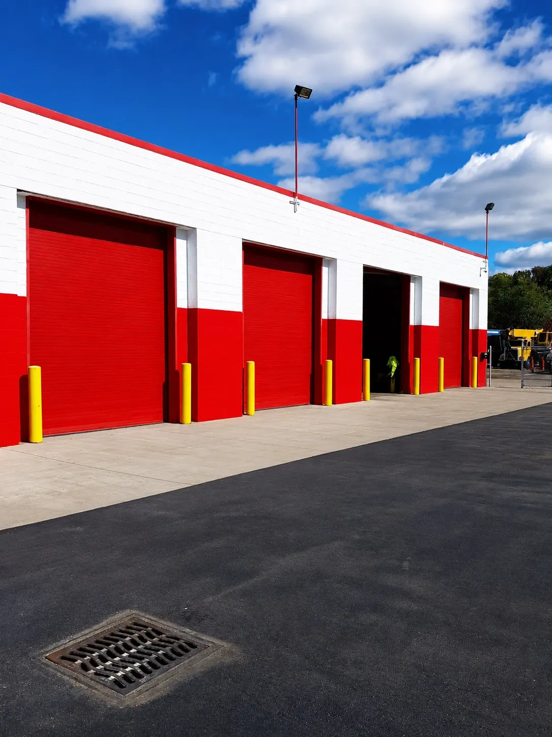 Commercial building exterior finished in red and white