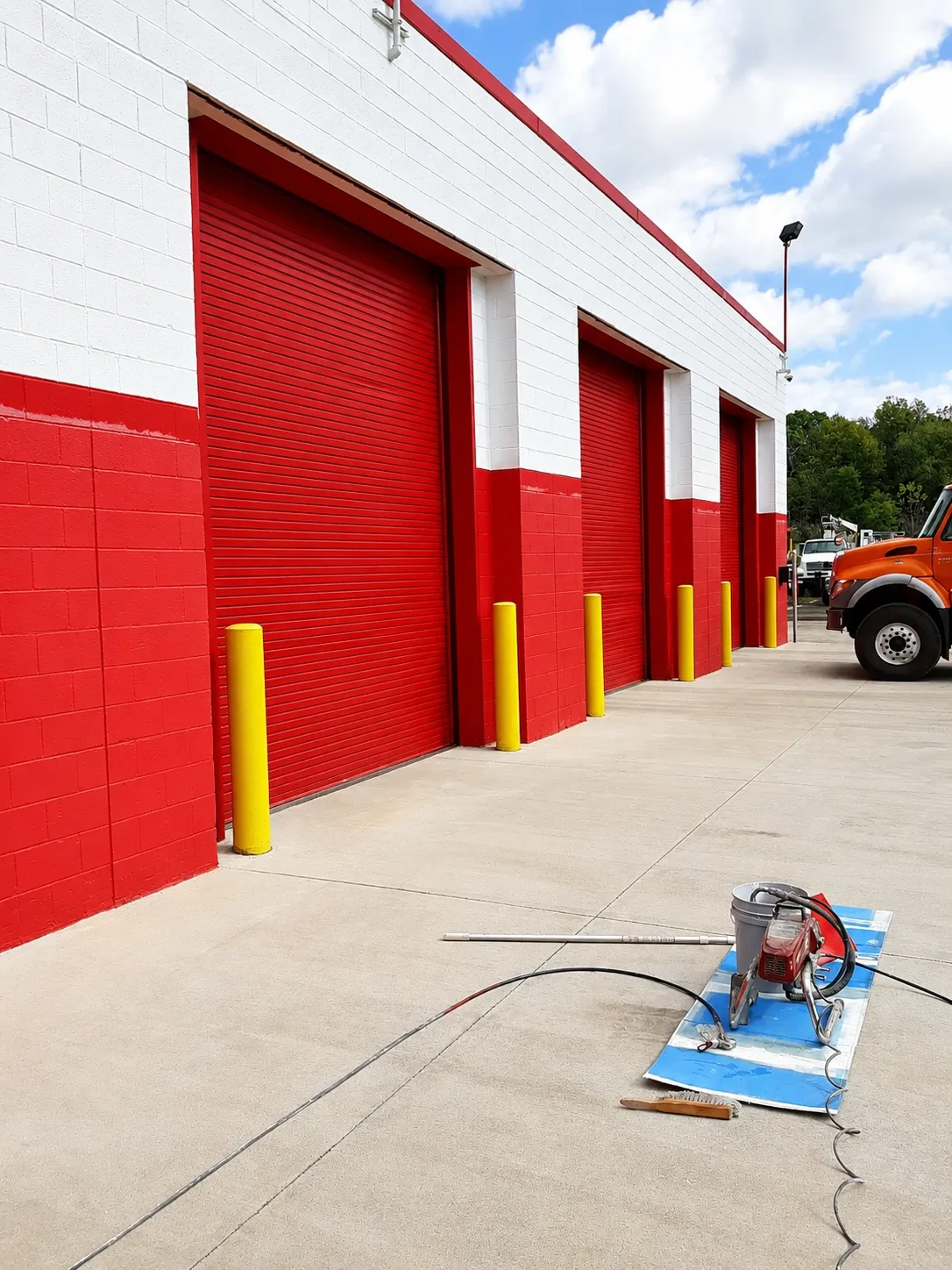 Red service bay doors on a red and white commercial block building