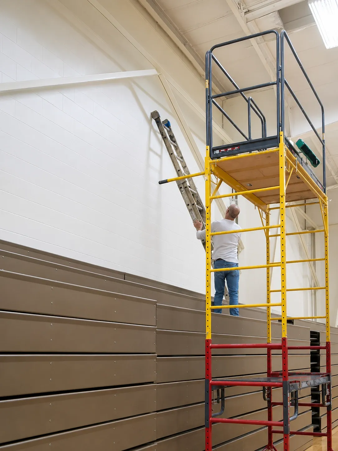 Painter on scaffolding coating a gymnasium wall above folded bleachers