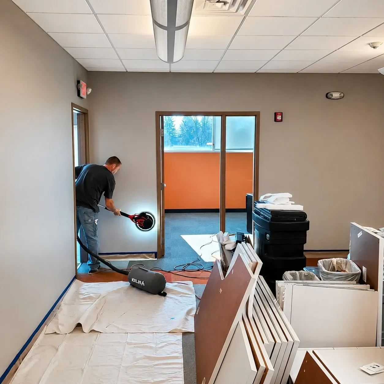 Worker sanding a commercial office wall with dropcloths protecting the carpet