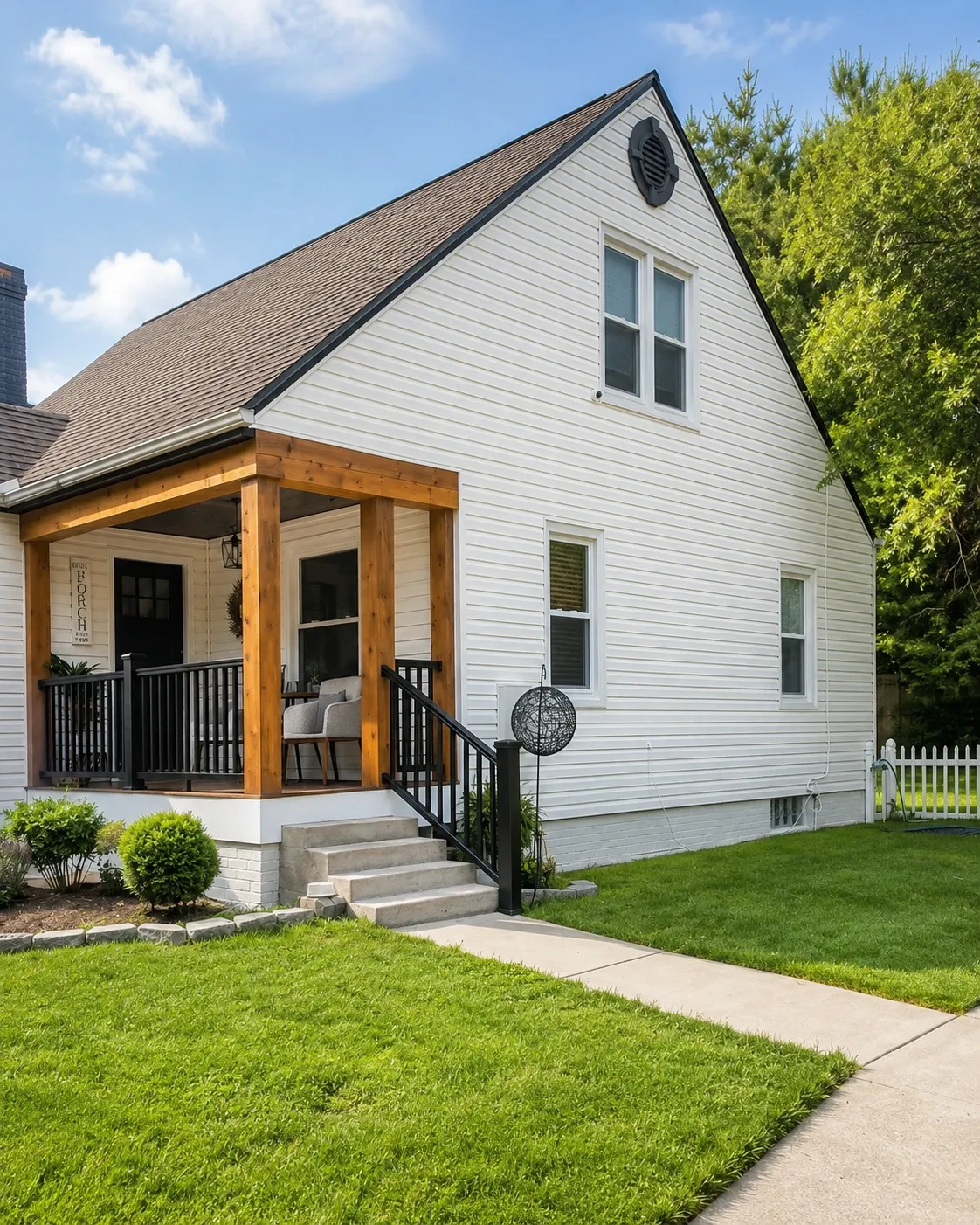 White cape cod home exterior with a covered front porch