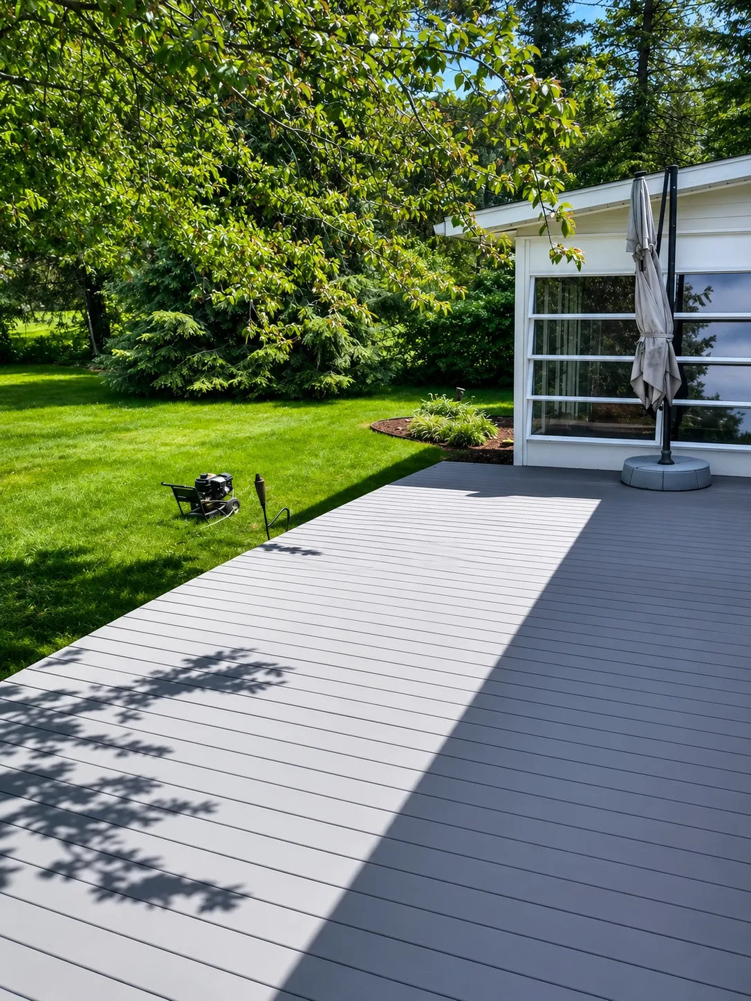 Residential deck surface finished in gray