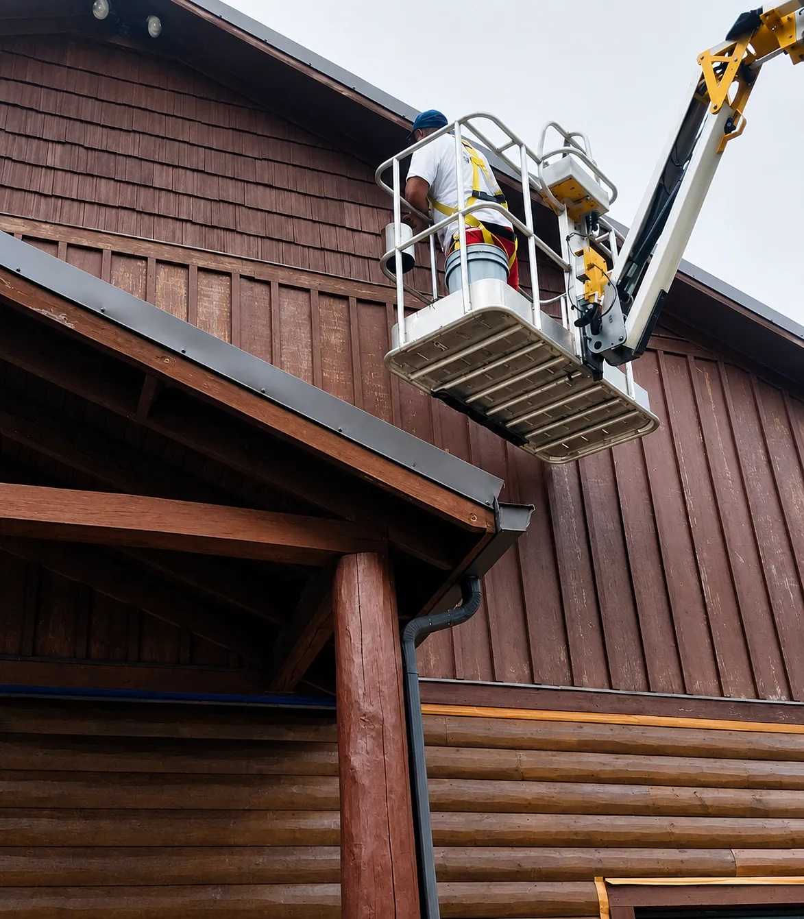 Worker in a boom lift staining the upper gable of a brown timber barn