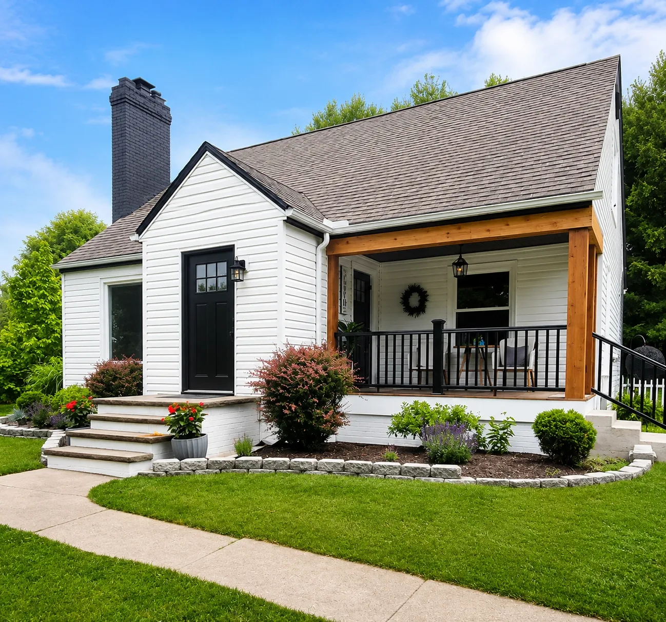 White residential exterior with dark shutters and trim details