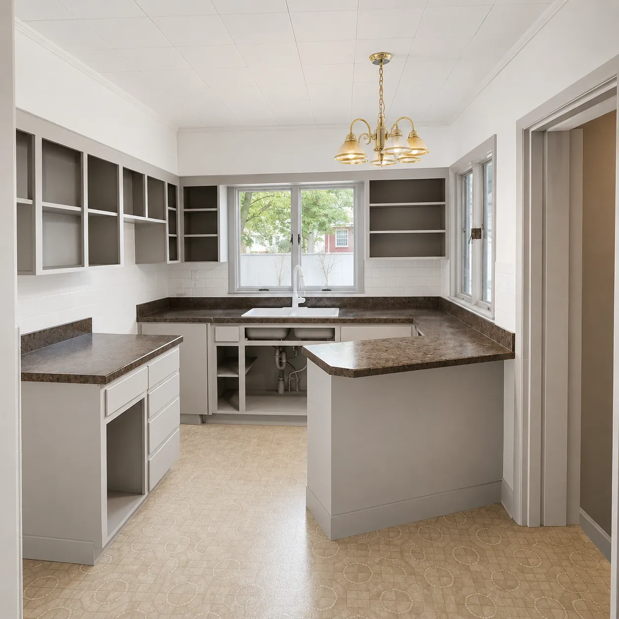 Kitchen with gray repainted cabinet boxes and open shelving