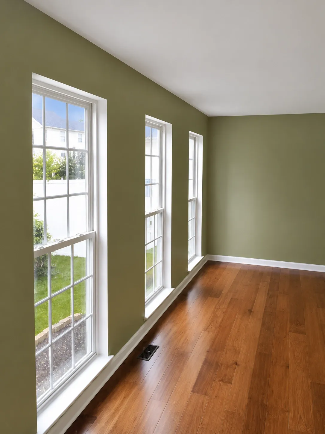 Finished room with olive green walls, white trim, and hardwood floors