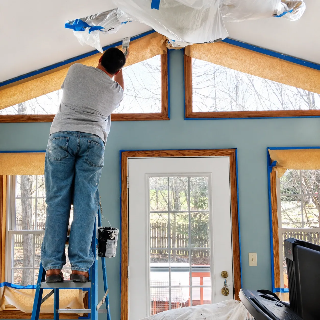 Painter cutting in around masked windows in a vaulted interior